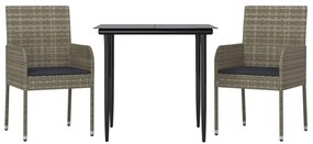 3 pcs conj. jantar p/ jardim c/ almofadões vime PE preto/cinza