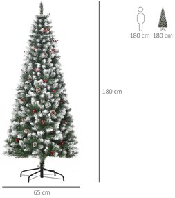 Árvore de Natal Artificial 180cm Ignífugo com 618 Ramos 34 Bagas 30 Pinhas Folhas de PVC e Suporte Metálico Decoração de Natal para Interiores Verde