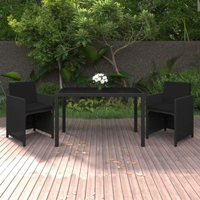 vidaXL 3 pcs conjunto de jantar p/ jardim c/ almofadões vime PE preto