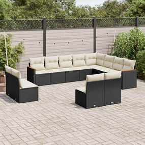12 pcs conjunto de sofás de jardim c/ almofadões vime PE preto