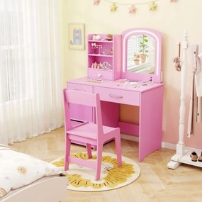 Toucador infantil com espelho iluminado e cadeira de princesa com luzes Estantes e gavetas crianças rosa