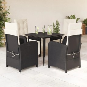 5 pcs conjunto de jantar p/ jardim c/ almofadões vime PE preto