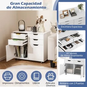 Armário de arrumação multifuncional 73 x 40 x 64,5 cm com 4 gavetas e 2 portas com 5 rodas sala, quarto, escritório Branco