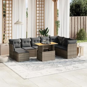 9 pcs conjunto sofás p/ jardim com almofadões vime PE cinzento