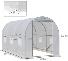 Estufa Tipo Túnel 350x200x200 cm com Portas Enroláveis e 6 Janelas Cobertura de PE Estrutura de Metal Branco