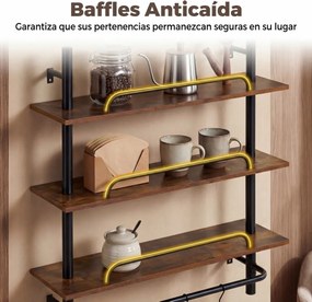 Prateleira suspensa de parede em tubos industriais 80,5 x 24 x 97 cm, com 3 níveis e 4 ganchos em forma de S, em Castanho rústico