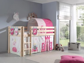 Conjunto Cama alta de Criança PINO 90 x 200 cm + estrado + escada + cortina + 3 bolsas + túnel Princesa Natural