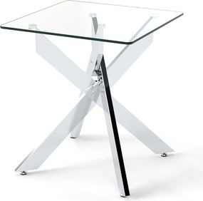 Mesa apoio de vidro 50 x 50 x 57 cm com tampo temperado e base metálica em X moderna para quarto ou sala de estar, prateada