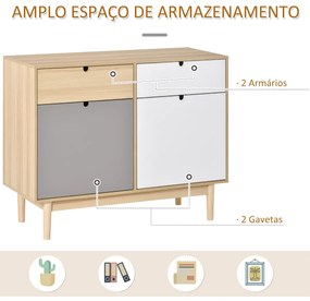 Aparador Auxiliar Móvel de Armazenamento com 2 Armários Fechados e 2 Gavetas Pés Elevados de Madeira de Pinho para Cozinha Dormitório Entrada 100x40x7