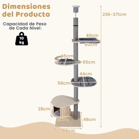 Árvore para gatos de 5 níveis Torre de madeira ajustável de 236-271 cm de altura com gancho casa Postes para arranhar Plataformas cinzentas