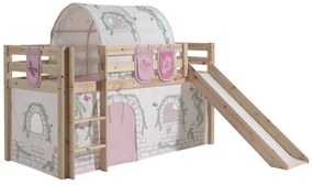 Conjunto Cama alta de Criança PINO 90 x 200 cm + estrado + escada + escorrega + cortina + túnel + bolsas de arrumação Pássaros Natural