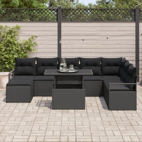 Conjunto de Sofá de Jardim vidaXL 9 Peças com Almofadas Preto Vime Pol