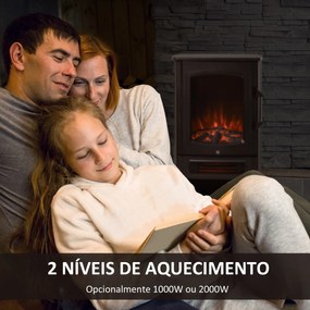 HOMCOM Lareira Elétrica Potência de 2 Níveis 1000W ou 2000W com Efeito de Chama Termostato e Proteção contra Superaquecimento até 25m² 44,5x32,1x74cm Preto
