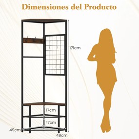 Cabide de canto 4 em 1 com 2 prateleiras para sapatos 49 x 49 x 171 cm, 2 níveis e 7 ganchos metálicos para sala de estar, hall de entrada ou corredor