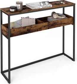 Mesa consola estreita com dois níveis e compartimentos semiabertos 24 x 100 x 80 cm Castanho vintage + Preto