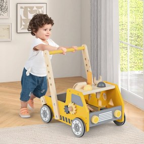 Andador de empurrar em madeira 2 em 1 para bebés e crianças com velocidade ajustável e armazenamento Brinquedos Montessori Amarelo