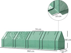 Mini-estufa de jardim 360 x 90 x 90 cm, mini-estufa em túnel com 4 janelas com fecho de correr, aço, PE 140 g/m², proteção anti-UV, verde