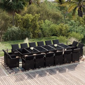 vidaXL 17 pcs conjunto jantar p/ jardim c/ almofadões vime PE preto