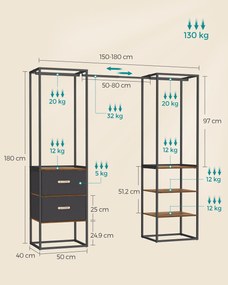 Guarda Roupa com 2 gavetas e 4 prateleiras 40 x (150-180) x 180 cm castanho vintage