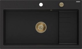 Mexen Omar lava-loiça de granito 1-bacia 800 x 480 mm, preto, sifão dourado - 6520801005-77-G