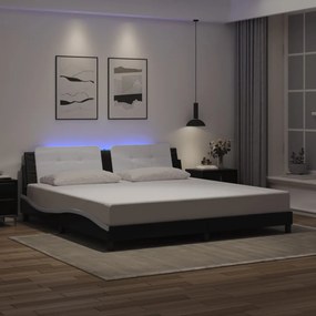 Estrutura cama c/ luz LED 200x200 cm couro artif. preto/branco