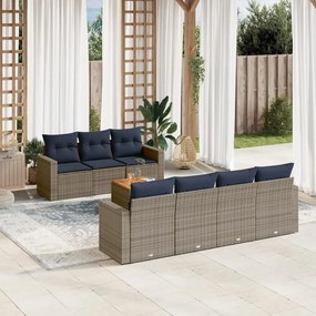 8 pcs conjunto sofás p/ jardim c/ almofadões vime PE cinzento