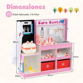 Consultório médico em madeira para Crianças 85 x 25 x 80 cm com área de exame, filme de raios X, monitor de ECG e tabela optométrica rosa