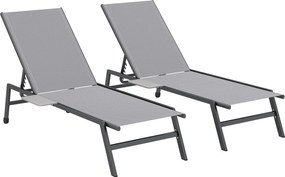 Outsunny Conjunto de 2 Espreguiçadeiras de Jardim com Encosto Ajustável em 5 Níveis, Mesa Lateral, 2 Rodas, Pés Antiderrapantes, Cinza | Aosom Portugal