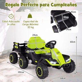 Trator Elétrico Infantil para crianças 3 a 6 anos, 152 x 68 x 60 cm, Reboque Removível 2 em 1, Verde