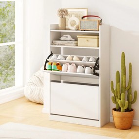 Sapateira 60 x 24 x 102 cm com 2 gavetas rebatíveis e espaço de arrumação aberto para corredor ou sala de estar Branco