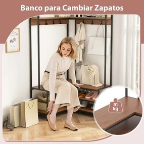 Guarda roupa aberto, móvel entrada de canto com prateleiras abertas e ganchos Banco para sapatos Estrutura metálica sólida 90 x 90 x 178 cm Cor Noguei