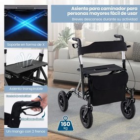 Andarilho dobrável para adultos idosos com assento 24 cm Rodas pneumáticas todo-o-terreno Saco de arrumação Carga 160 kg Preto