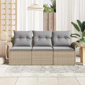 Conjunto de Sofá de Jardim de 3 Peças com Almofadas em Vime Bege