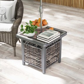 Mesa jardim de rattan PE com tampo de resina Estrutura metálica com furo para guarda-sol 55 x 55 x 50 cm Preto e Castanho