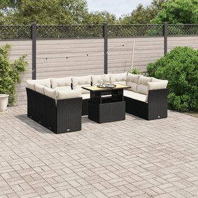 10 pcs conjunto sofás de jardim c/ almofadões vime PE preto