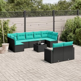 10 pcs conjunto de sofás p/ jardim c/ almofadões vime PE preto