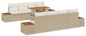 Conjunto de Jardim com 9 Peças e Almofadas Bege em Rattan, Poliéster e