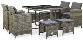 9 pcs conjunto jantar exterior c/ almofadões vime PE cinzento