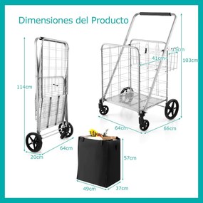 Carrinho de compras dobrável 126L grande e portátil com rodas universais e 2 cestos, bolsa impermeável removível, carga 150 kg Prateado