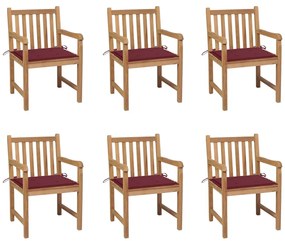 Cadeiras de jardim almofadões vermelho tinto 6 pcs teca maciça