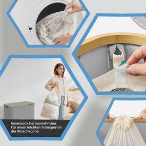 Cesto de bambu para roupa suja de 150 litros com 3 compartimentos 60 x 38,5 x 70,5 cm cinzento