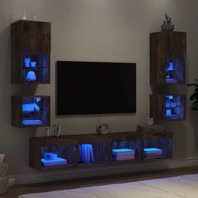 vidaXL 8pcs móveis parede p/ TV c/ LEDs deriv. madeira carvalho fumado
