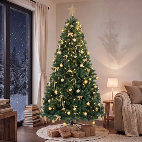 Árvore de Natal Decorativa 230 cm com 296 LED 1405 Ramos Ignífugos Estrela 42 Bolas 30 Laços e Decoração Dourada Verde