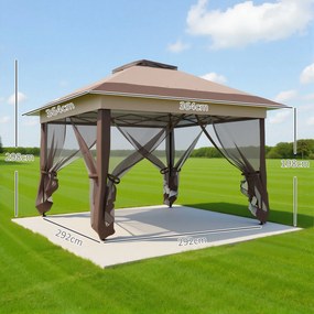 Tenda de jardim pop-up 3,64 C x 3,64 L x 2,98 A m dobrável em aço e poliéster com redes mosquiteiras + saco de transporte com rodas em cáqui e castanh