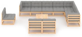 11 pcs conjunto lounge de jardim c/ almofadões pinho maciço