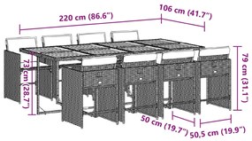 9 pcs conjunto de jantar p/ jardim c/ almofadões vime PE cinza