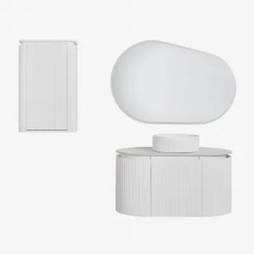 Conjunto De Móvel De Casa De Banho Em Madeira Carsone Branco & Branco & Cerâmica Redonda Riscas Brancas Ø36 Cm Sinqua & Oval - Sklum