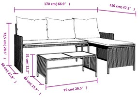 Sofá de jardim forma de L c/ mesa e almofadões vime PE cinzento