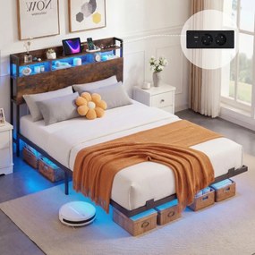 Estrutura de cama 200 x 140 cm (COLCHÃO NÃO INCLUIDO) com LED e plataforma de carga industrial em metal, com cabeceira com espaço de arrumação e ripas