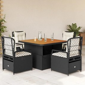 vidaXL 5 pcs conjunto de jantar p/ jardim c/ almofadões vime PE preto
